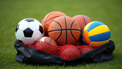 Black sports bag with different game balls, including soccer, basketball, rugby, volleyball, rests on green grass field. Equipment collection ready for youth team training, outdoor play, healthy