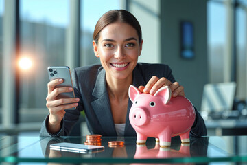 Smart Saving: Businesswoman Using Phone to Deposit Money in Piggy Bank