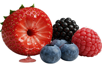 Extreme macro close-up of a dewy, glossy red strawberry with a succulent bite and suspended juice droplet, beside fresh blueberries, blackberry, raspberry on transparent. Concept of bursting freshness