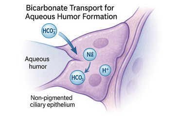 Diagram illustrating the process of bicarbonate transport for aqueous humor formation in the eye's ciliary epithelium, showing the movement of HCO3-, Na+, and H+ ions.
