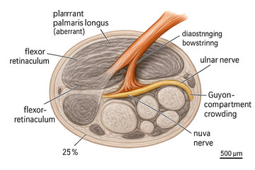 Cross-section of the wrist illustrating aberrant palmaris longus tendon, flexor retinaculum, ulnar nerve, and Guyon's canal crowding.