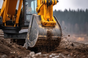 Fototapeta premium Excavator digging soil outdoors