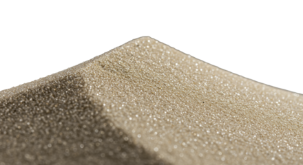 Pristine, shimmering, ultra-finely granulated sand crest on transparent background with soft shadow; extreme macro, raking light, chiaroscuro effect, concept of delicate natural structure