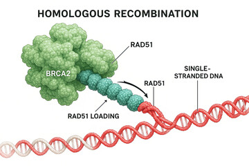 Illustration of Homologous Recombination Process with BRCA2 and RAD51 Proteins Interacting with DNA