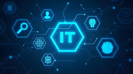 Futuristic Information Technology Network Background, Digital IT Concept with Glowing Hexagons, Cyber Innovation, Data Communication, Artificial Intelligence, Modern Tech Design