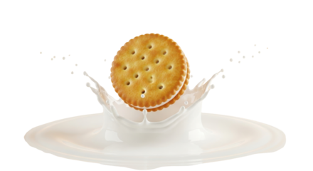 Sandwich cookie falling into milk causing splash isolated PNG with Transparent Background
