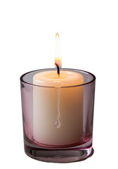 White pillar candle with flickering orange flame, molten wax, and poised droplet, frosted pink glass holder on solid transparent background, concept of delicate beauty