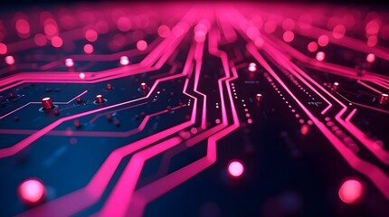 Futuristic Glowing Pink Circuit Board Background, Neon Technology Surface with Data Lines, Digital Communication Network, Abstract Electronic Chip, High Tech Innovation Design