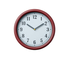 A classic round analog wall clock with a red frame and white face, showing the time as approximately 1010, isolated on a transparent background