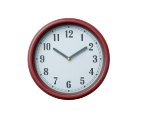 A classic round analog wall clock with a red frame and white face, showing the time as approximately 1010, isolated on a transparent background