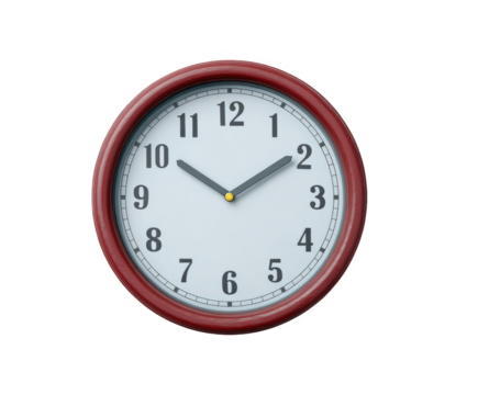 A classic round analog wall clock with a red frame and white face, showing the time as approximately 1010, isolated on a transparent background