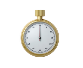 A vintage golden stopwatch isolated on a transparent background, featuring a white face with black markings and a single red hand pointing upwards, representing time measurement and precision