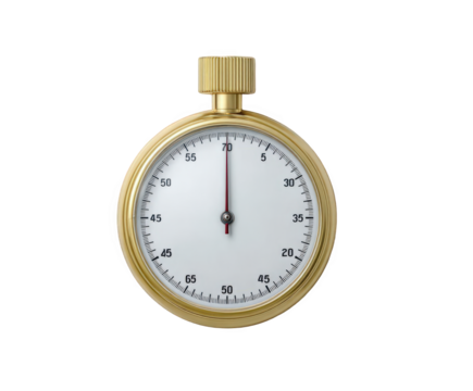 A vintage golden stopwatch isolated on a transparent background, featuring a white face with black markings and a single red hand pointing upwards, representing time measurement and precision