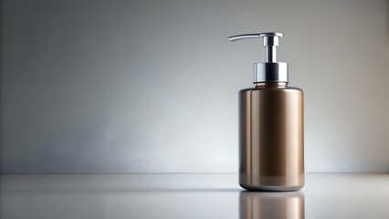 A sleek, metallic brown pump bottle with a silver dispenser, presented in a minimalist studio setting with soft lighting