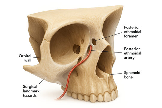 Detailed anatomical illustration of the human skull, highlighting the orbital wall, posterior ethmoidal foramen, posterior ethmoidal artery, sphenoid bone, and surgical landmark hazards.