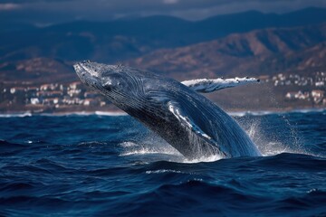 Obraz premium Humpback whale breaching from deep ocean water