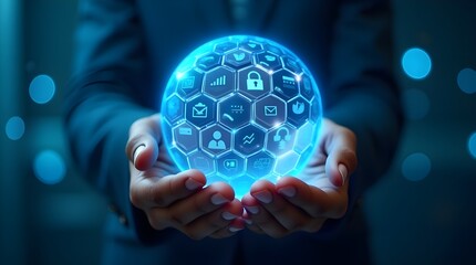 Digital globe with cyber security icons in hands, futuristic technology, data protection, cloud computing, online privacy, blockchain network, artificial intelligence, and innovation