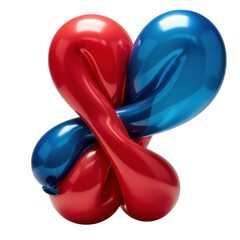 Extreme macro of two intertwined glossy ruby red and sapphire blue latex balloons, taut and elastic, isolated on a transparent background, concept of material study and light interplay
