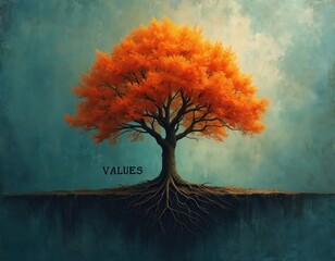 Vibrant orange tree with extensive visible roots anchors in textured blue-green ground. Word VALUES placed prominently near base. Artwork represents core foundational principles stability, enduring