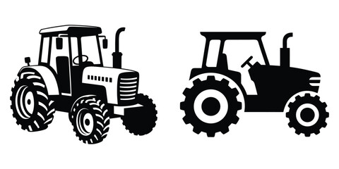 Agricultural tractor machine silhouettes for farm field work and cultivation vector set