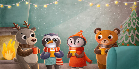 Cute animal characters holding warm drinks by fireplace with decorated tree creating cozy christmas holiday lifestyle scene