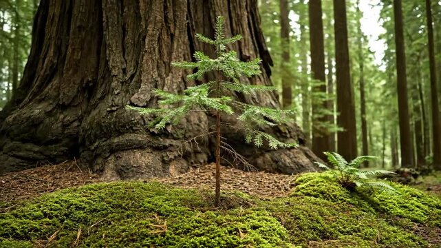 Majestic ancient redwood stands sentinel over a tender young sapling, symbolizing enduring growth, generational change, and the vibrant cycle of life in a lush, moss-covered woodland ecosystem