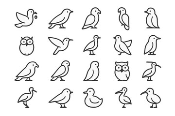 20 stylized birds in black and white, rendered in a minimalist design with contour lines. Depicted in various poses, such as flying or standing.