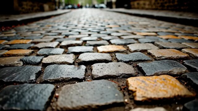 Close-up view of a cobblestone street with wet stones reflecting light. The scene captures the texture and pattern of the stones.