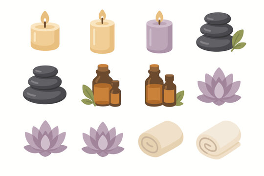 12 stylized 3D icons related to spa and relaxation, rendered in soft beige, brown, and pink tones.