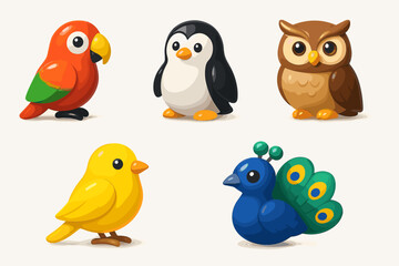 A set of 3D icons representing various birds. Colorful icons that can be used for designs related to nature, wildlife, or children's illustrations.