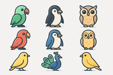Obraz premium Nine cartoon-style illustrations of birds. All birds are depicted in bright colors against a light background.