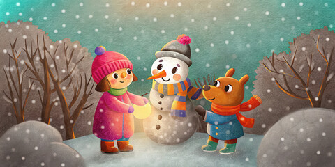 Joyful holiday scene with child and dog building snowman in snowy winter landscape capturing warmth of Christmas lifestyle