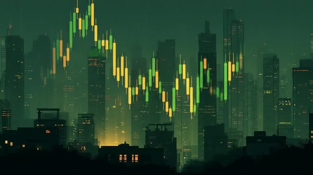 Financial market data candlestick chart over modern city skyline at night, representing global economy, stock trading, and business analytics