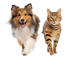 Fototapeta premium A shetland sheepdog and a bengal cat running forward on a white background in a studio setting
