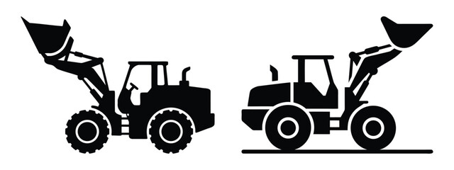 Black silhouette of construction vehicles including tractors, diggers, and bulldozers vector illustration