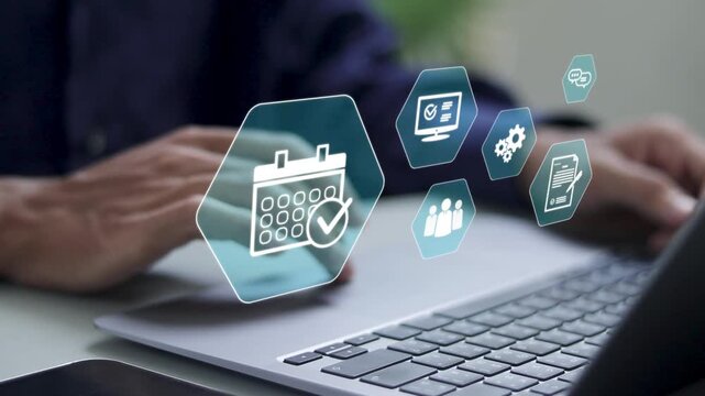 Agenda meeting appointment activity information concept. agenda meeting plan schedule in personal organizer. Businessman use laptop with virtual icon.