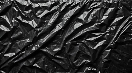 Shiny black plastic sheet reflects light creating an abstract pattern of folds and wrinkles background.