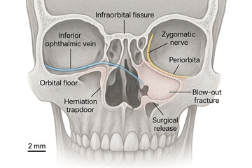 Anatomical illustration of a blow-out fracture of the orbital floor, detailing the herniation trapdoor, surgical release, inferior ophthalmic vein, infraorbital fissure, and zygomatic nerve.