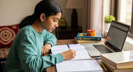 Indian teenager studying at home with laptop, notebooks, and focused concentration in a cozy setting