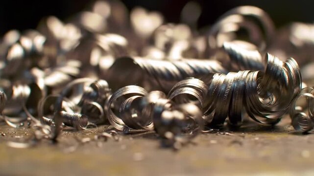 Metal shavings detail on surface in workshop, industrial backdrop.