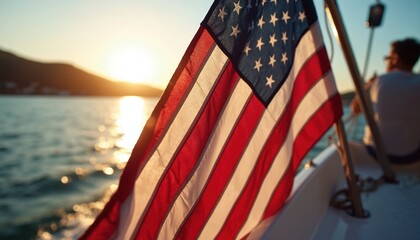 American flag waves on a boat during sunset. Patriotic photo of US flag on water against sun rays. Man enjoys boat trip, celebrates Independence Day.
