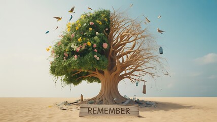 Tree half alive and half dead with remember message about climate change

