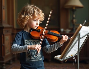 Boy with blond curly hair learns to play violin at home. Kid studies music notes. Young artist practices a classical musical instrument. Child enjoying musical lesson indoors.