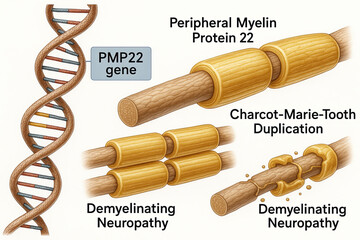 Scientific illustration showing the PMP22 gene and its relation to Charcot-Marie-Tooth duplication and demyelinating neuropathy.