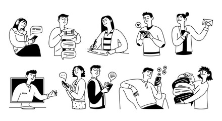 A set of doodles of people active in various forms of online and offline communication, including social media, chat, apps and services, and conversations. Vector illustration