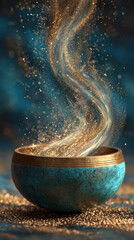 Mystical Teal and Gold Singing Bowl with Sparkling Energy