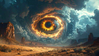 Eye-shaped vortex with glowing pupil, swirling in stormy sky above desert