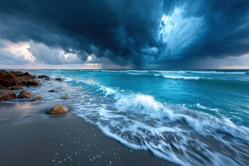 Dark storm clouds gather over a turquoise ocean