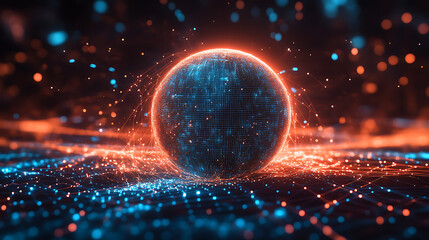 Glowing digital orb with circuits and particles