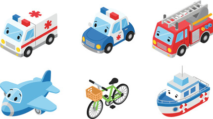 Cute Isometric Transport Vehicles Collection, Cartoon Ambulance, Police Car, Fire Truck, Airplane, Bicycle, Boat Vector Set, Kids Transportations Graphics, Emergency and Travel © Creatives Selim